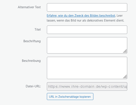 Screentshot zur leeren Eingabemaske der WordPress-Bild-Metadaten